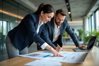 Consultante et client examinant ensemble un plan de mise en œuvre dans un bureau opérationnel moderne