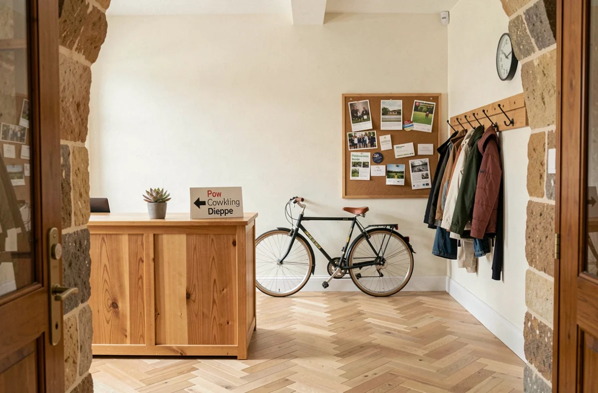 Accueil et entrée d'un espace de coworking à Dieppe avec architecture normande