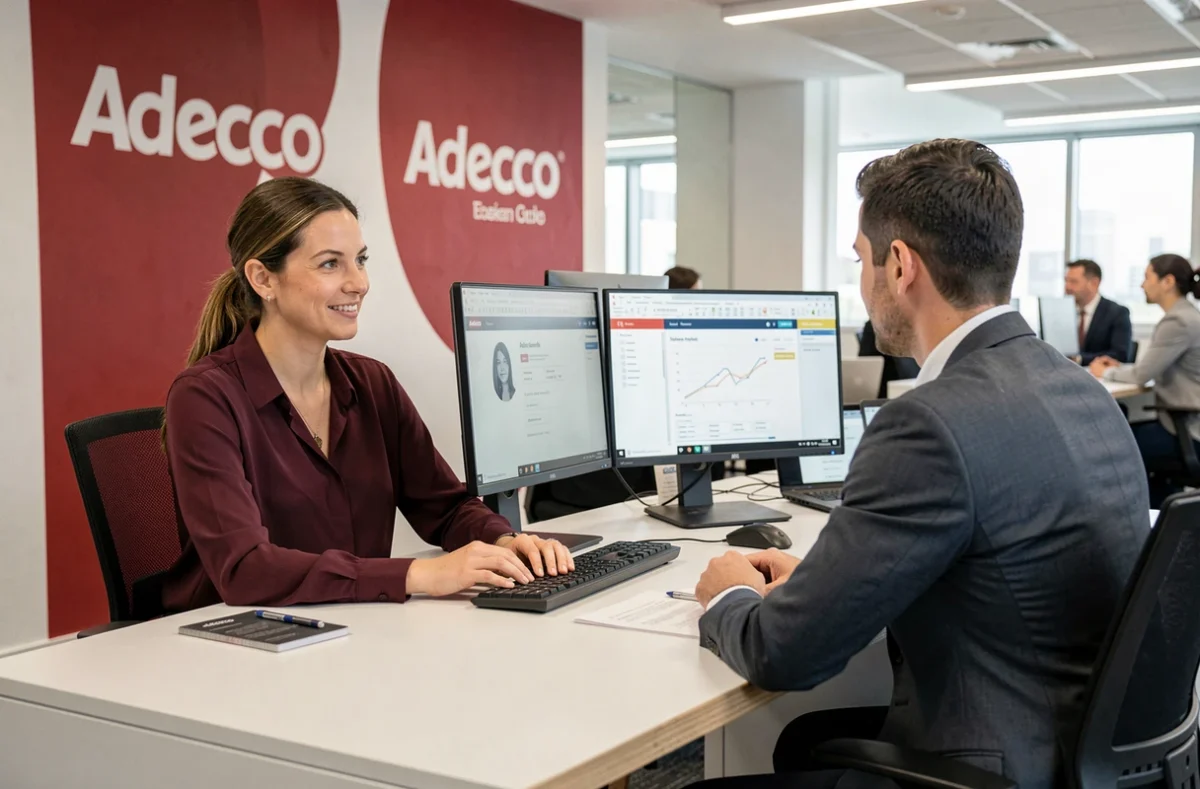 Consultante Adecco en entretien avec un candidat dans une agence d'intérim professionnelle
