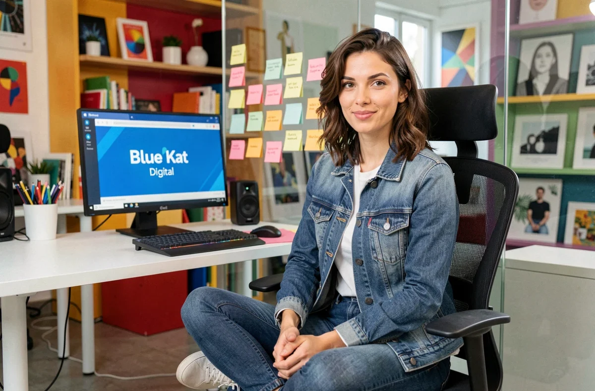 Créatrice de l'agence Blue Kat Digital travaillant sur une interface web colorée dans un studio moderne