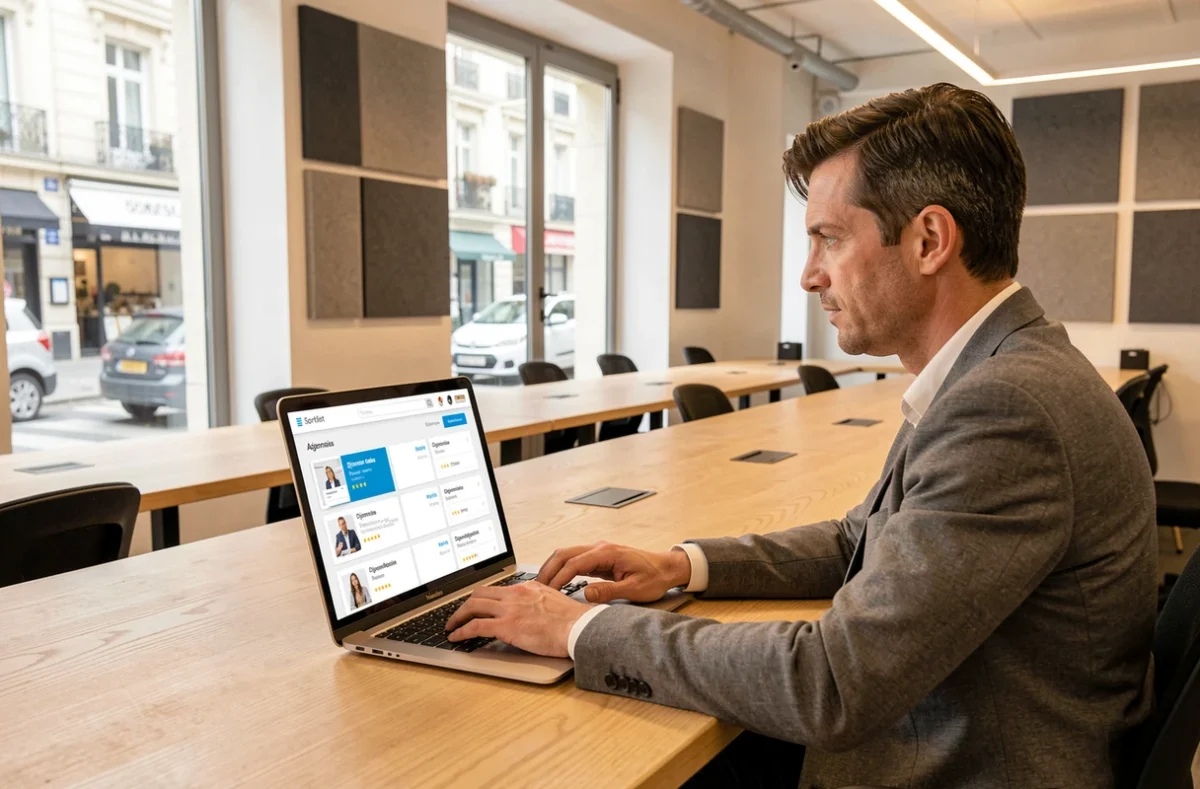 Professionnel consultant la plateforme Sortlist pour comparer des agences SEO dijonnaises référencées
