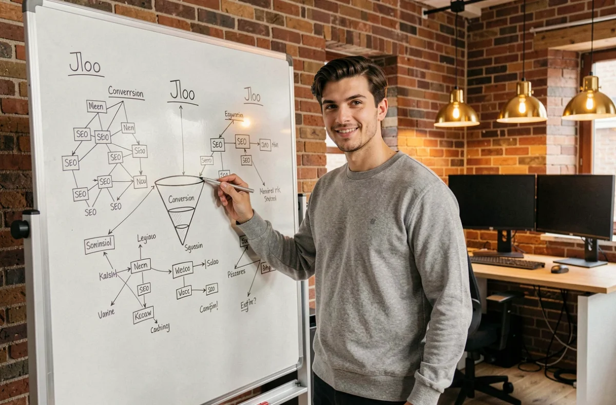 Consultant de l'agence Jloo présentant une stratégie SEO sur un tableau blanc dans un studio créatif