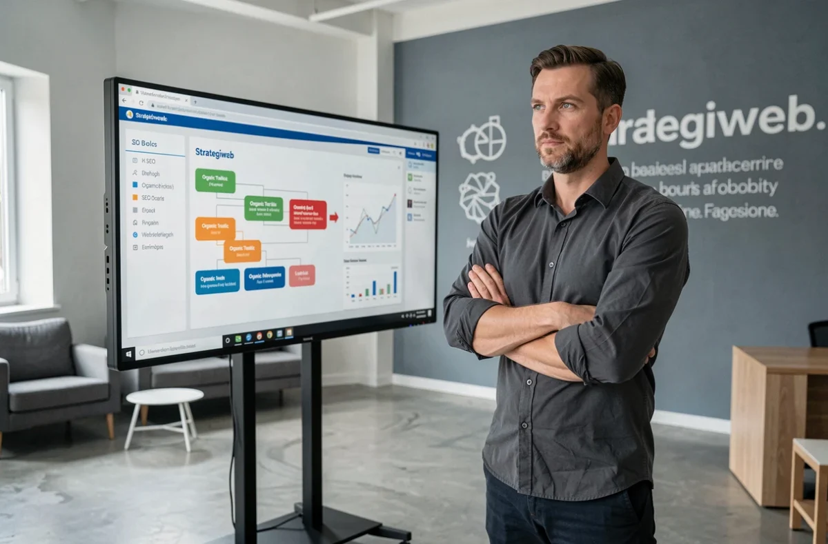 Stratège de l'agence Strategiweb présentant une feuille de route SEO sur un écran numérique de bureau