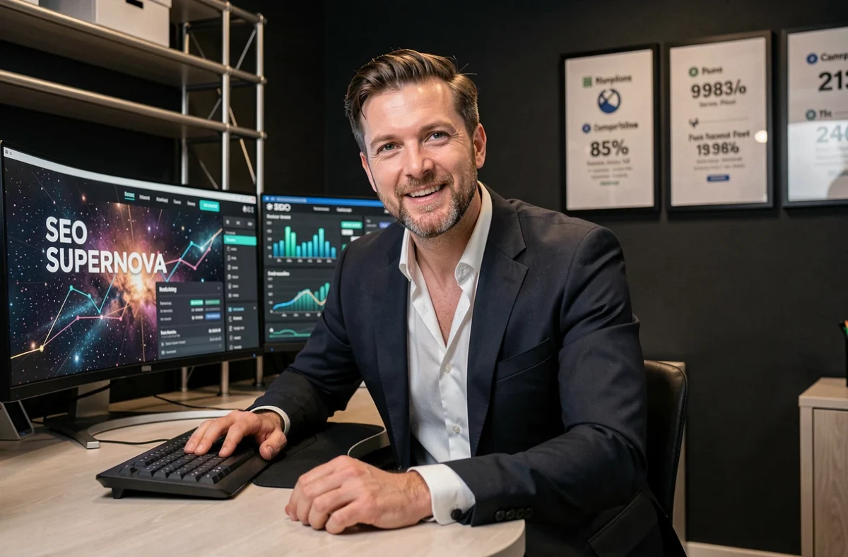 Expert SEO de l'agence SEO Supernova analysant des résultats de référencement sur plusieurs écrans