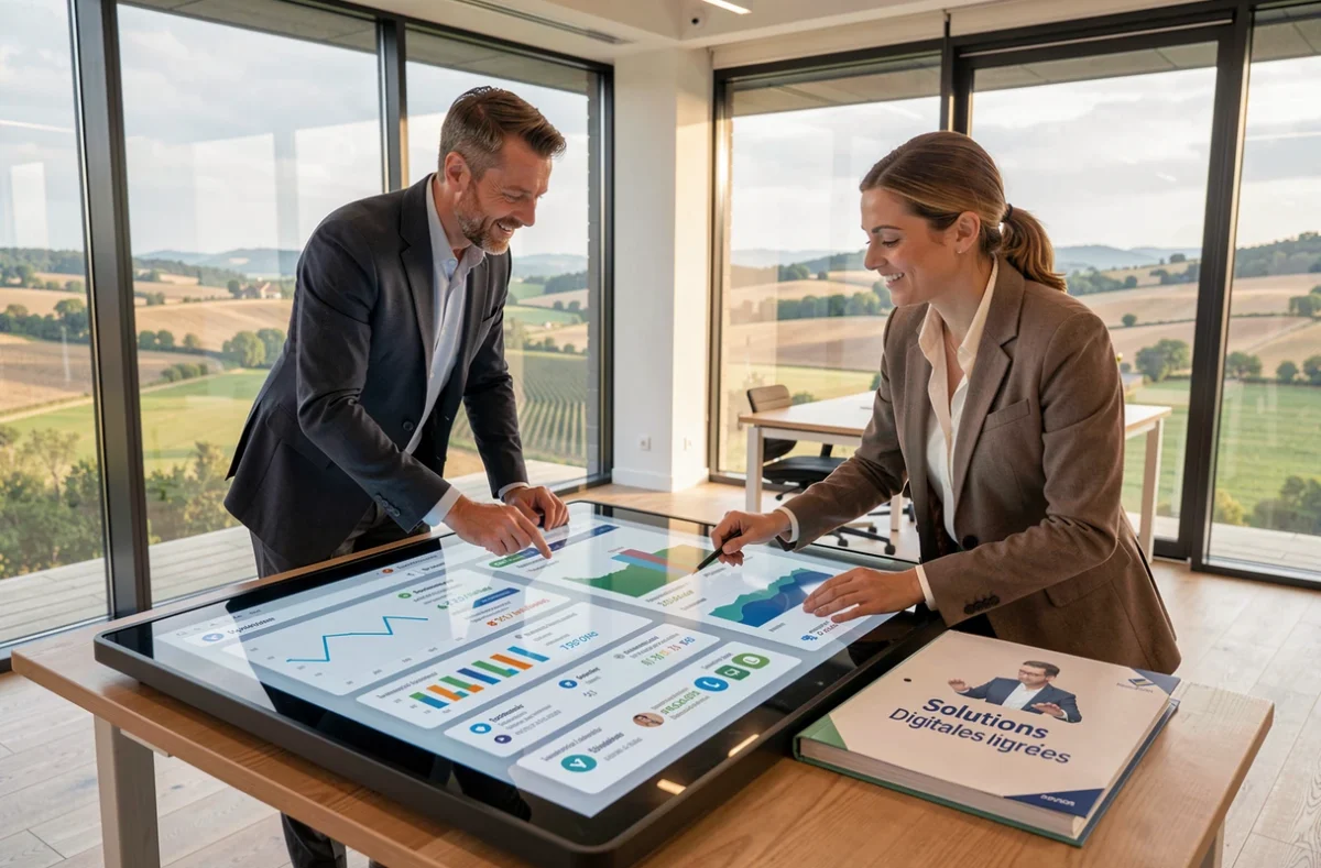 Deux professionnels de Solutions Digitales Intégrées collaborant sur un tableau de bord marketing numérique interactif