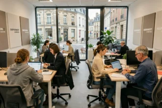 Vue d'ensemble d'une agence d'intérim animée en Seine-Maritime avec des candidats et des recruteurs en réunion