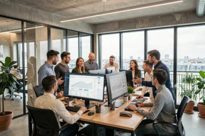 Vue d'ensemble d'une agence SEO moderne dans la Sarthe avec une équipe travaillant sur des tableaux de bord analytiques