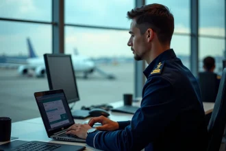 Agent de piste en uniforme accédant à un portail sécurisé GPNet sur un ordinateur portable dans une salle opérationnelle d'aéroport international
