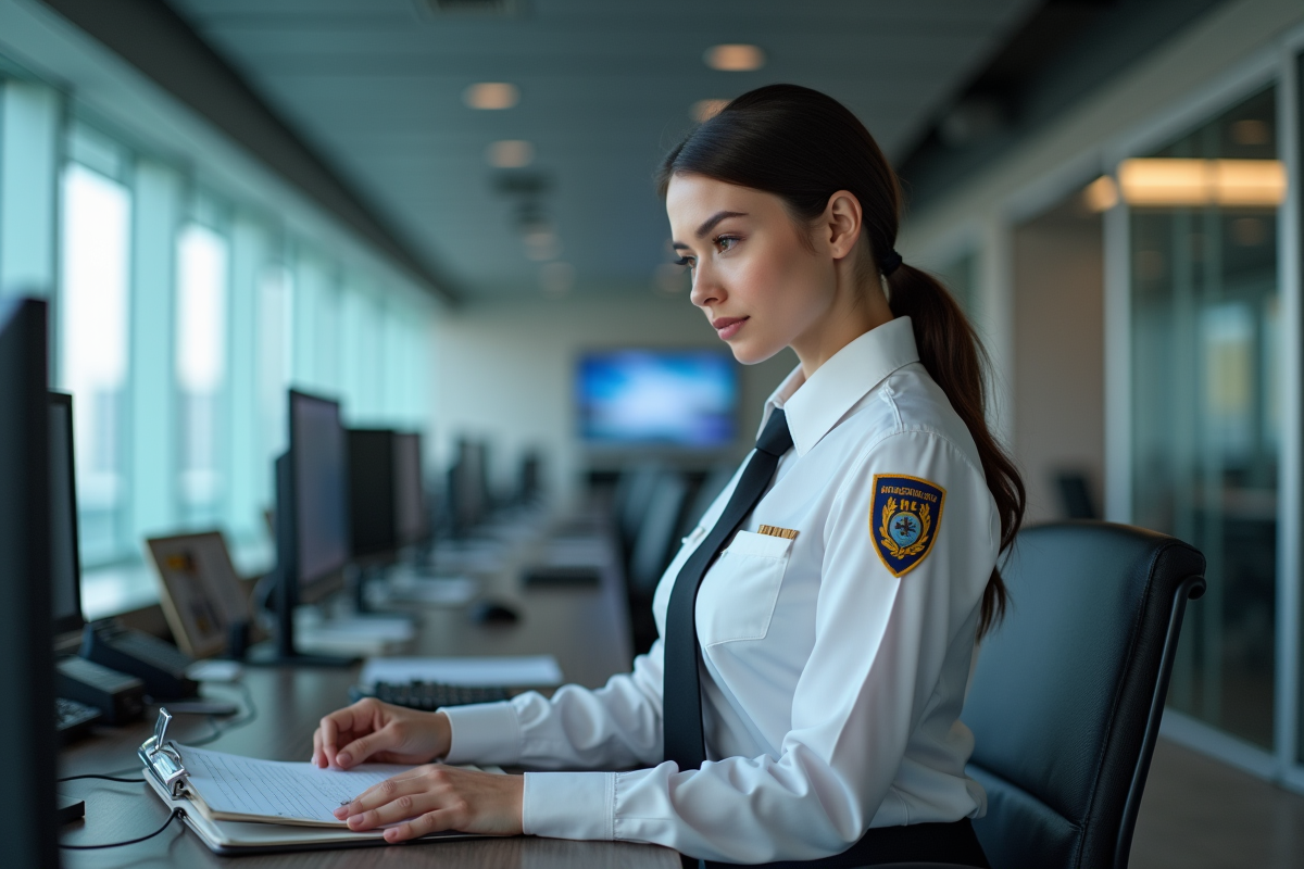 Agent de securite femme surveillant dans une salle de controle