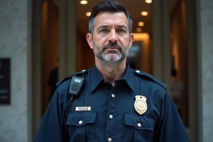 Agent de securite homme en uniforme devant un immeuble moderne