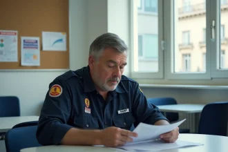Agent RATP en réunion CSE consultant des documents syndicaux dans une salle de réunion institutionnelle