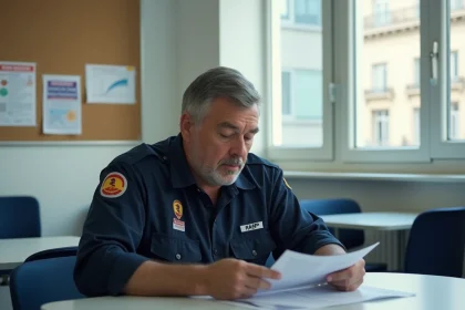 Agent RATP en réunion CSE consultant des documents syndicaux dans une salle de réunion institutionnelle