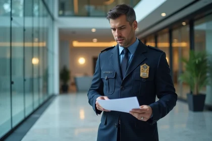 Agent de sécurité privée en uniforme consultant ses documents officiels à l'entrée d'un immeuble de bureaux moderne, illustrant les démarches administratives liées au CNAPS