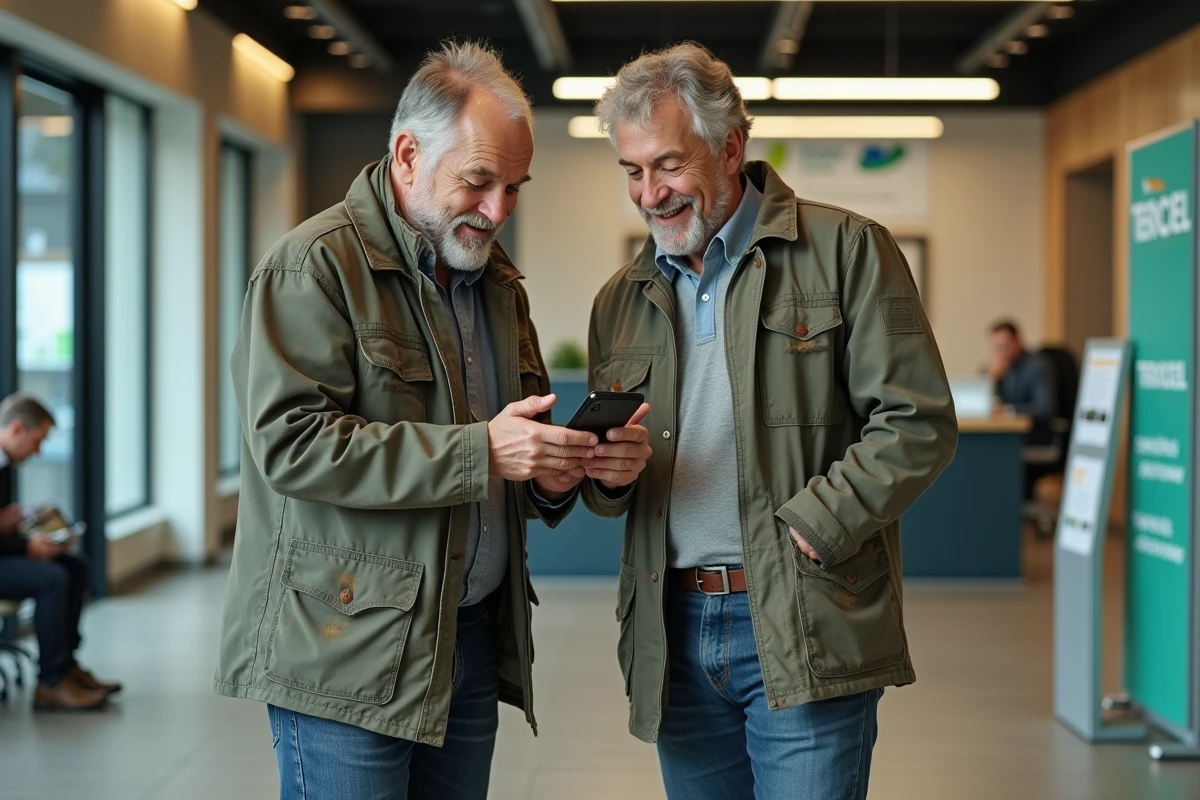 Deux agriculteurs Terrena consultant ensemble le compte Terciel sur smartphone dans une agence coopérative