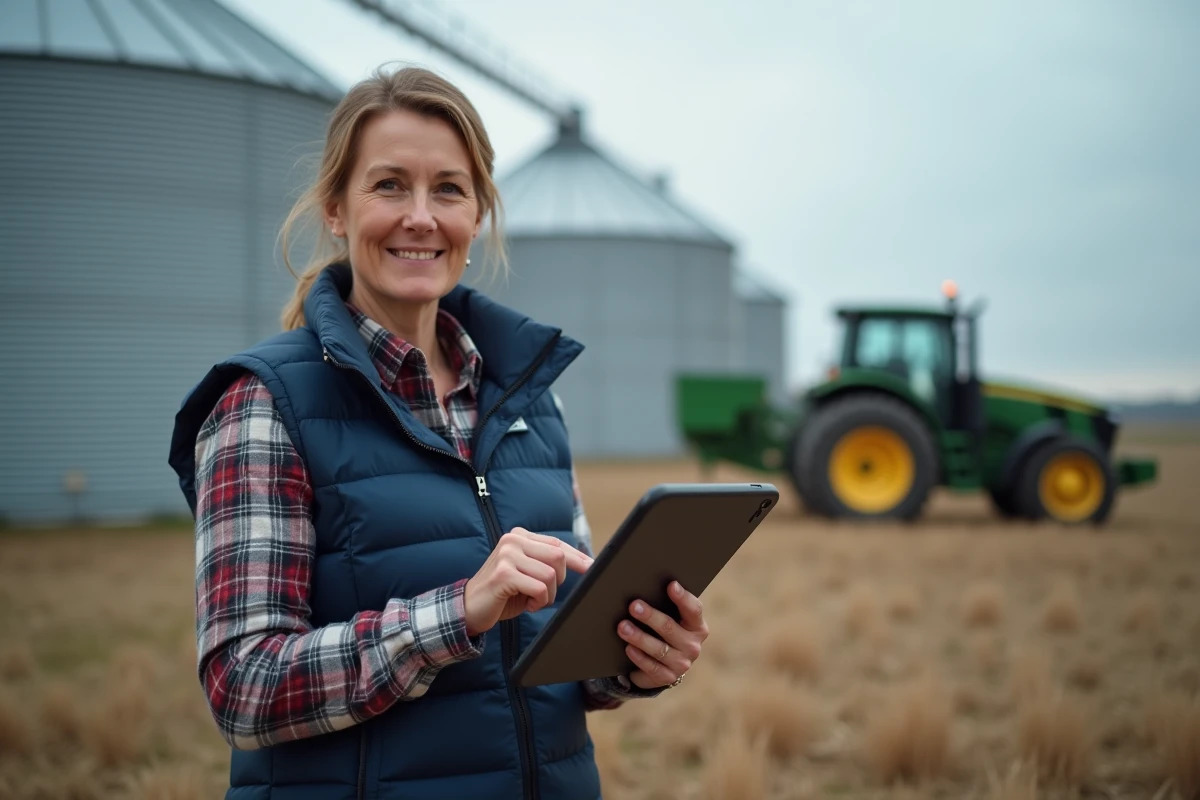Agricultrice Terrena utilisant l'application Terciel sur tablette devant des silos de stockage