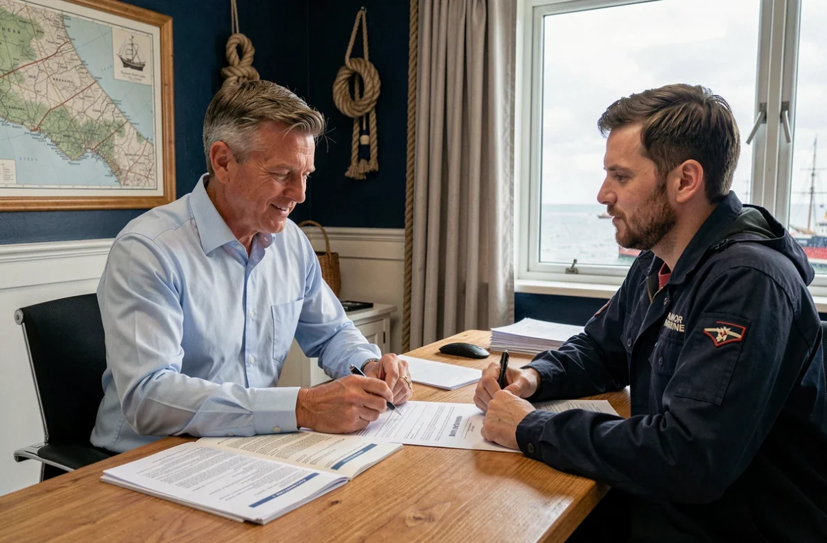 Consultant Amor Marine Intérim en train de signer un contrat maritime avec un marin candidat en Normandie