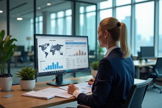 Femme analyste consultant des indicateurs économiques territoriaux sur un écran d'ordinateur dans un bureau moderne