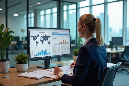 Femme analyste consultant des indicateurs économiques territoriaux sur un écran d'ordinateur dans un bureau moderne