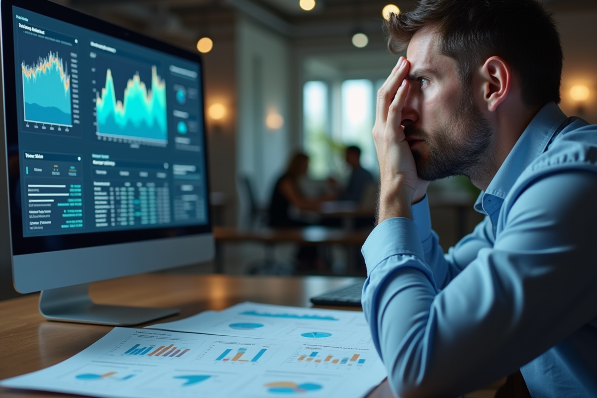 Analyste frustré examinant des graphiques de données compliqués