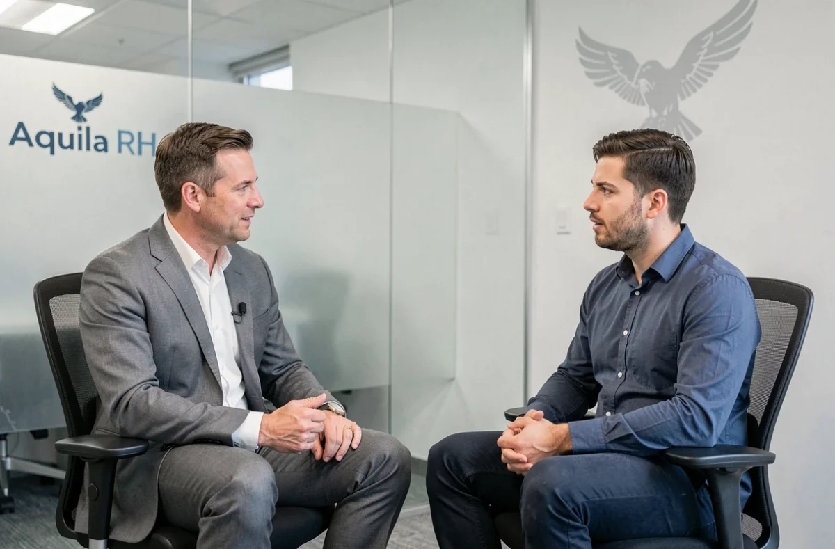 Consultant Aquila RH en entretien structuré avec un candidat dans une salle professionnelle moderne