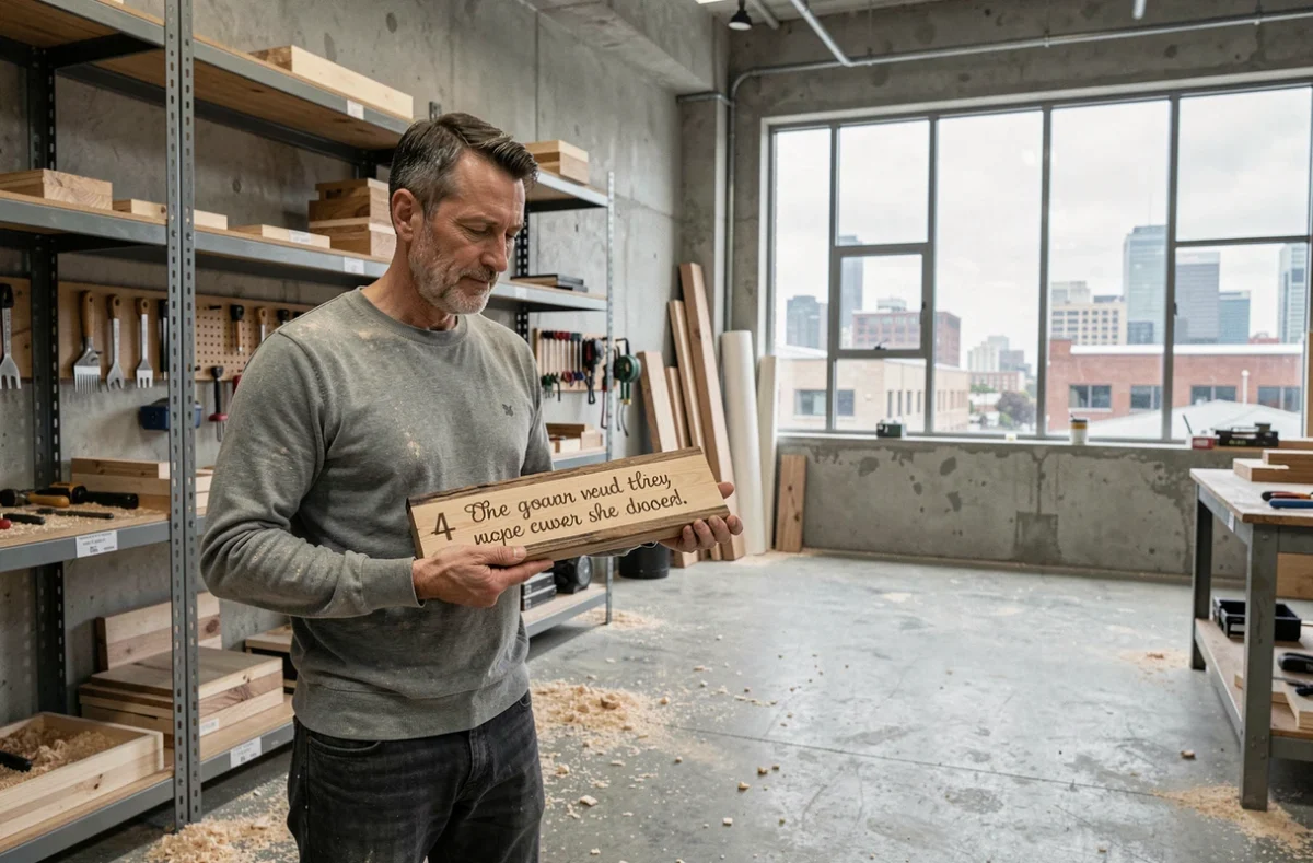 Artisan tenant une plaque en bois gravée d'un proverbe sur le travail dans un atelier industriel urbain