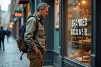 Artisan homme examine une vitrine urbaine avec publicité locale