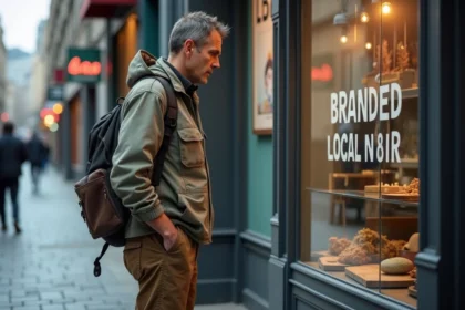 Artisan homme examine une vitrine urbaine avec publicité locale
