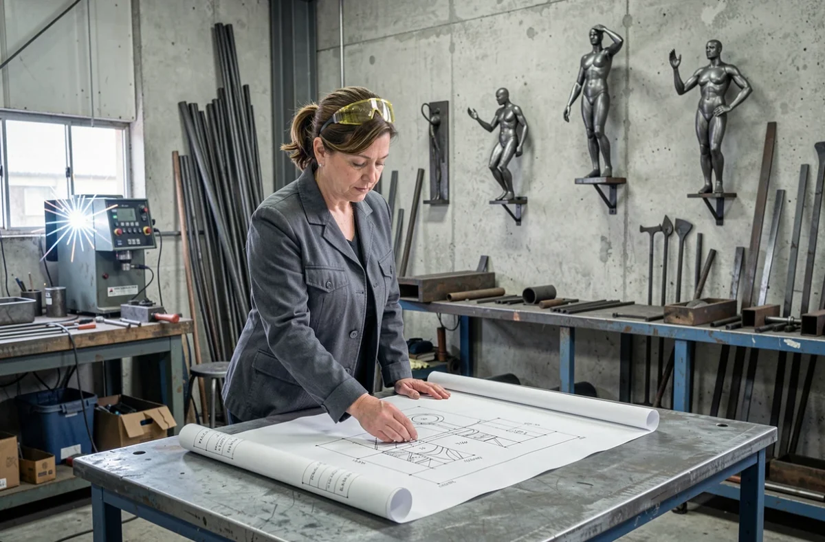 Artisane femme étudiant des plans techniques dans un atelier de travail du métal avec équipements industriels