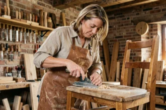 Artisane femme ponçant une chaise en bois dans son atelier artisanal avec des outils traditionnels en arrière-plan