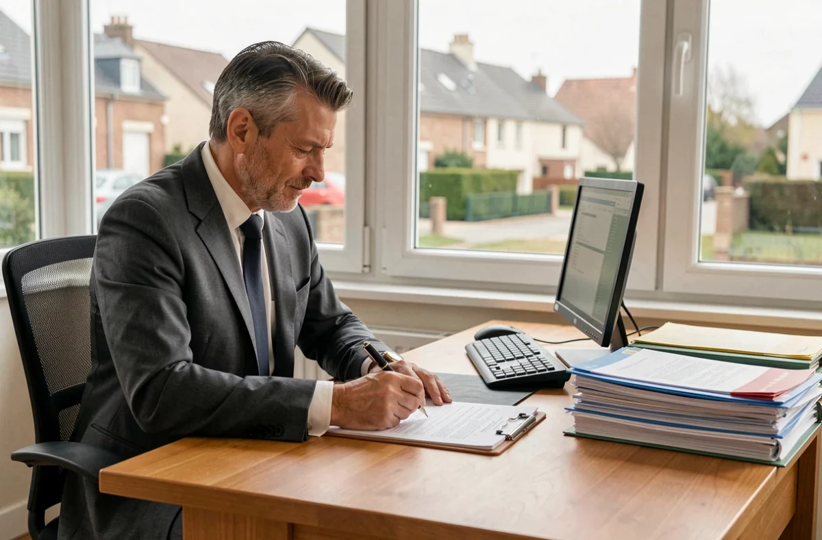 Expert-comptable d'Augefi Saint-Avertin annotant des documents fiscaux dans son bureau avec vue sur le quartier résidentiel