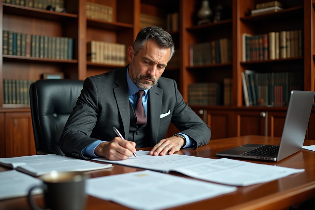 Avocat annotant un contrat juridique complexe dans un bureau traditionnel entouré de classeurs légaux