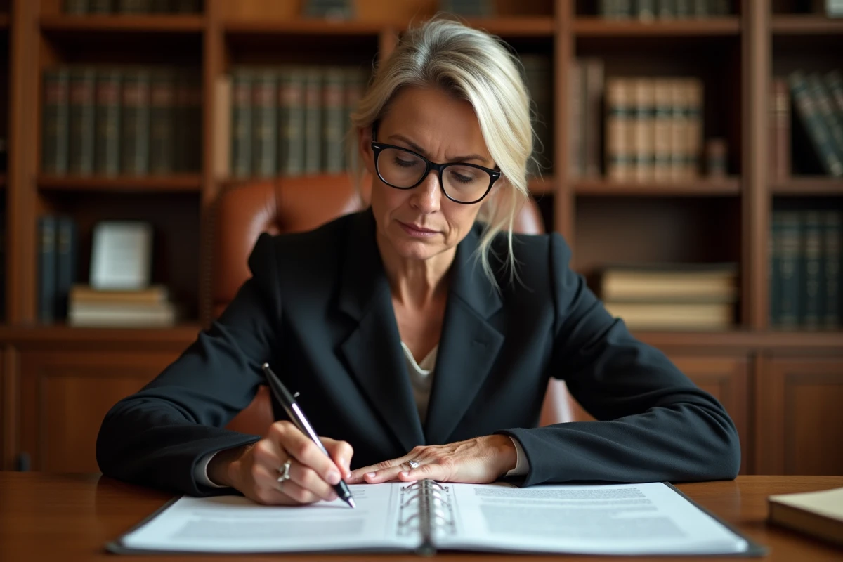 Avocate spécialisée en droit du travail annotant une convention de rupture conventionnelle dans son bureau