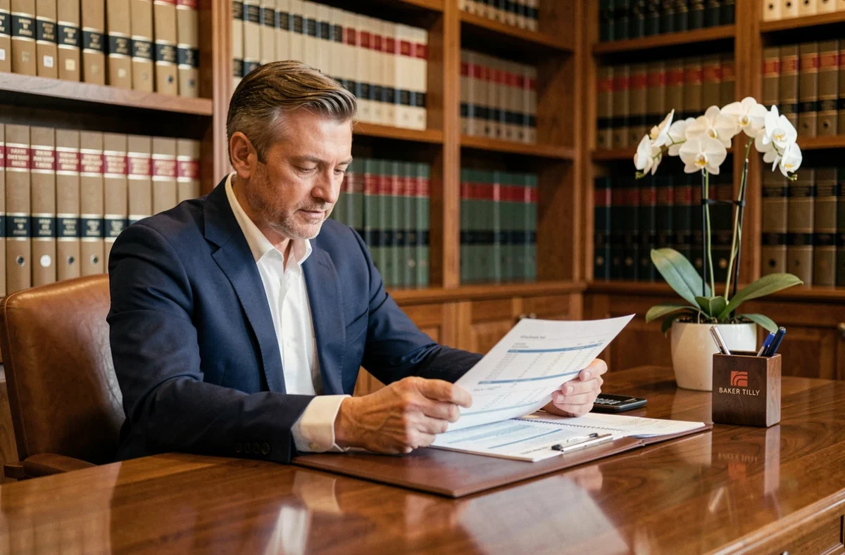 Expert-comptable du cabinet Baker Tilly Tours examinant des documents financiers dans un bureau professionnel