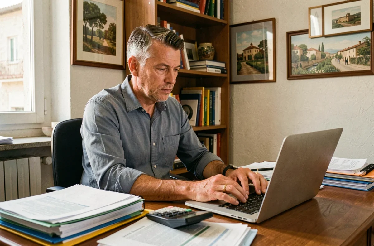 Jérôme Barlabe dans son cabinet indépendant à Carcassonne, concentré sur des dossiers comptables dans un bureau à l'ambiance chaleureuse et personnelle