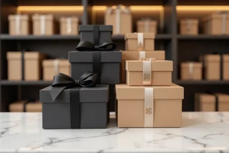 Assortiment de boîtes cadeaux élégantes en carton kraft et noir mat sur un comptoir en marbre blanc