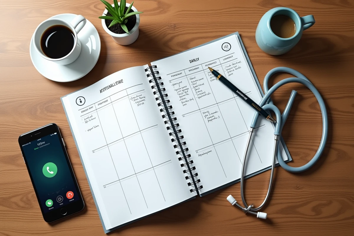 Vue de dessus d'un bureau de médecin avec agenda manuscrit, smartphone et stéthoscope pour la gestion du secrétariat