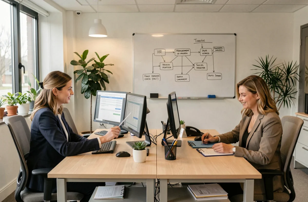 Équipe du Cabinet Expertise Compta & RH à Narbonne, spécialisée dans la gestion sociale, travaillant sur des dossiers de paie et ressources humaines dans un bureau moderne