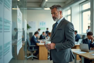 Cadre d'entreprise en costume gris face à un organigramme dans un open space moderne, illustrant le Théorème de Peter et la problématique des promotions professionnelles