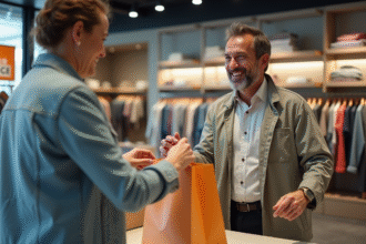 Vendeur souriant remettant un sac à une cliente dans un magasin de vêtements