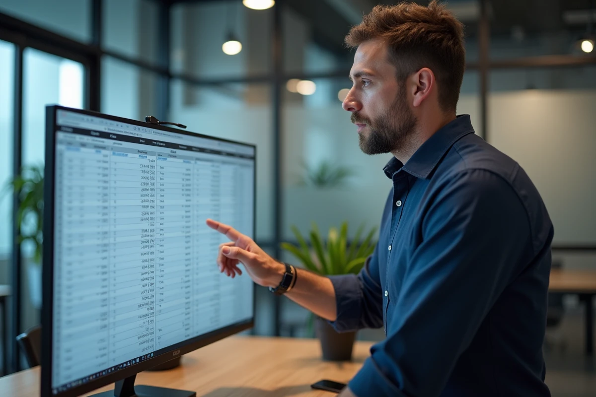 Homme en chemise bleue consultant un tableau de conversion d'heures de travail sur un écran d'ordinateur