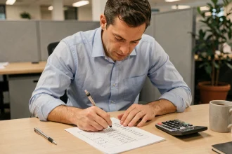 Un homme de bureau consulte attentivement un pointage horaire imprimé avec une calculatrice sur son bureau