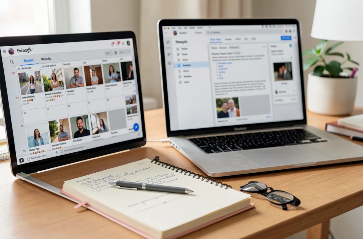 Calendrier de publications et brouillons de posts posés sur un bureau