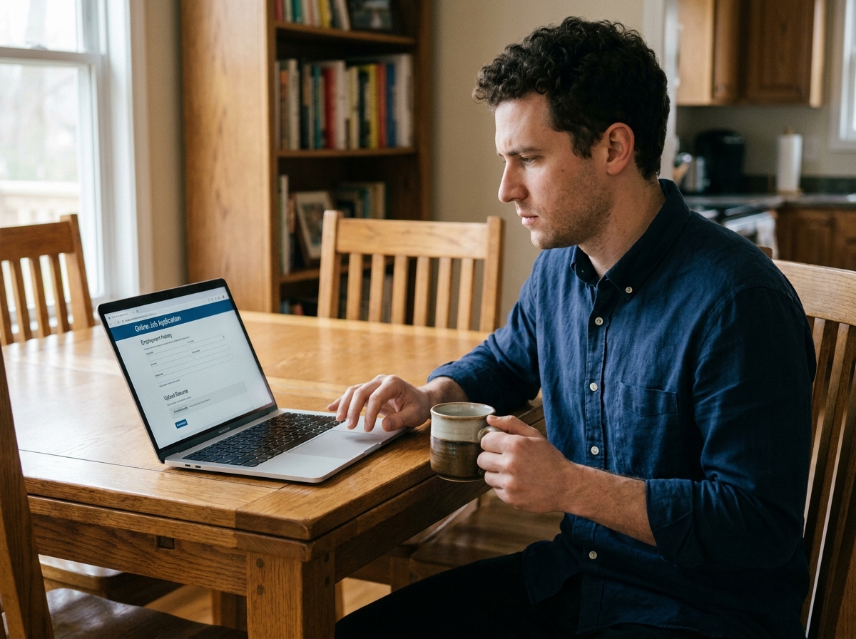 Candidat remplissant un formulaire de candidature en ligne depuis son domicile sur un ordinateur portable