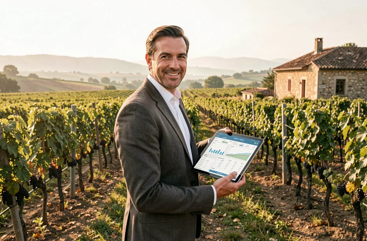 Conseiller Cerfrance Aude tenant une tablette avec des données financières agricoles au milieu d'un vignoble audois, illustrant l'expertise comptable dédiée aux viticulteurs et agriculteurs