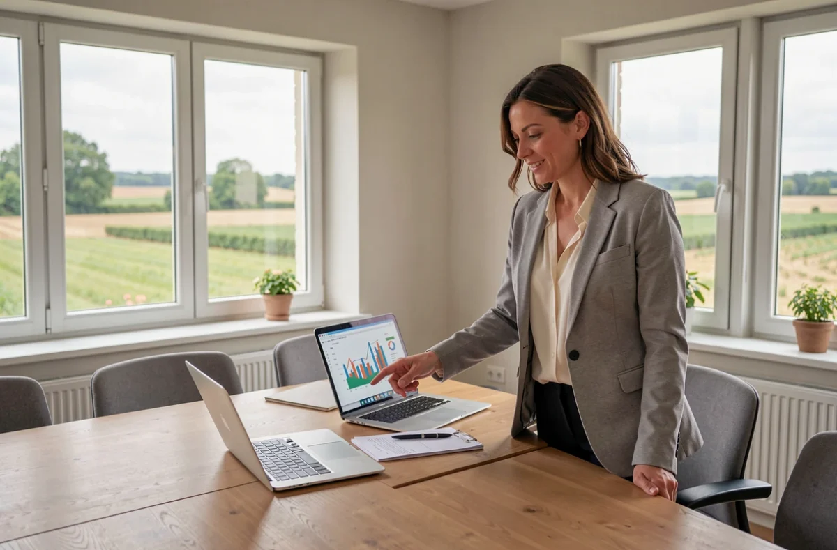 Comptable de Cerfrance Val de Loire présentant des bilans financiers dans une salle de réunion avec vue sur la campagne