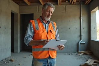 Artisan BTP inquiet sur un chantier en retard avec matériaux épars et murs en béton brut inachevés
