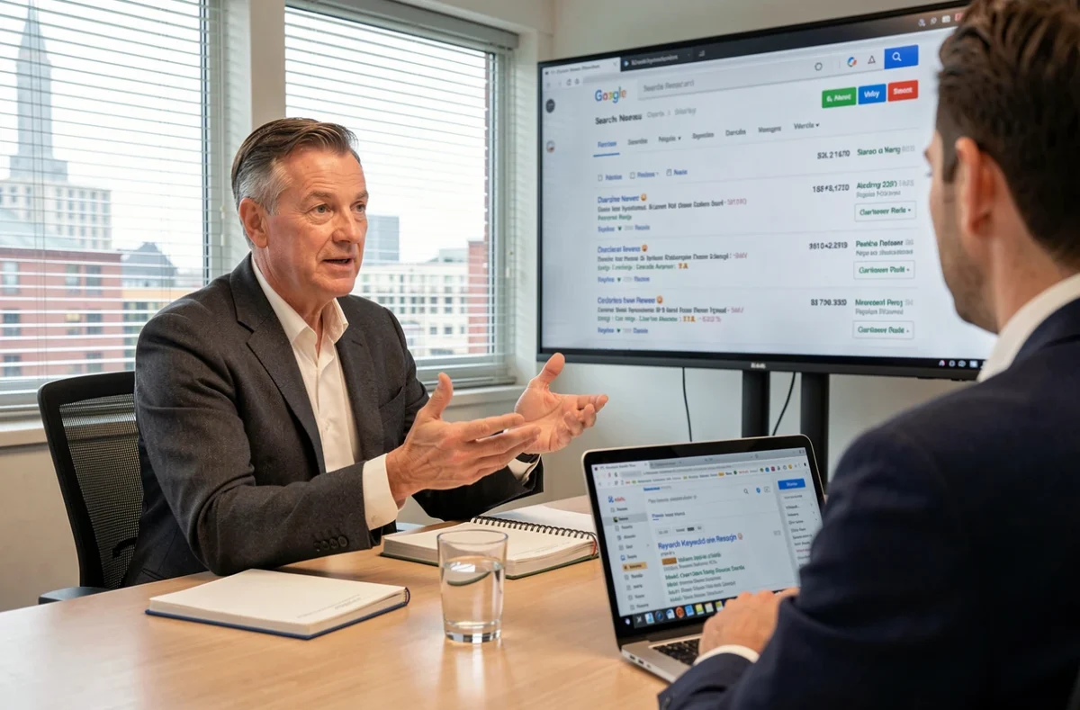 Charles Neveu, consultant SEO, présentant une stratégie de référencement à un client dans une salle de réunion