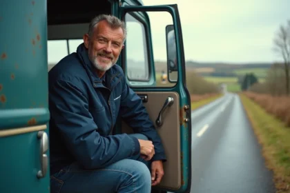 Conducteur de camion vintage sortant d'un camion français