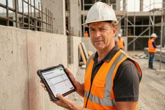 Chef de chantier consultant un devis numérique sur tablette dans un chantier BTP en activité