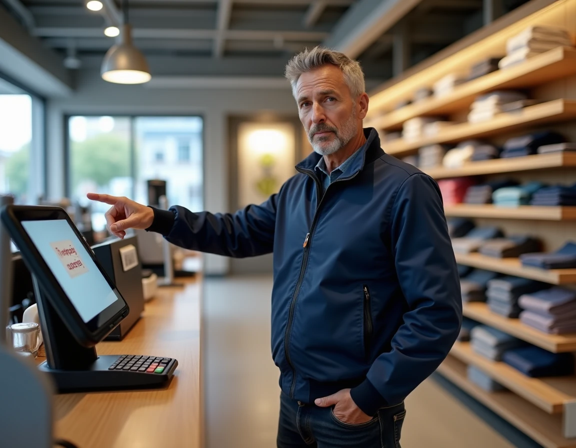Client désignant un autocollant Shopping Pass accepté sur un terminal de paiement en magasin